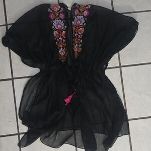 BCBGeneration Black Top with Colorful Floral Embroidery